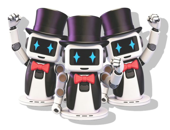 Three Magos companion robots wearing top hats